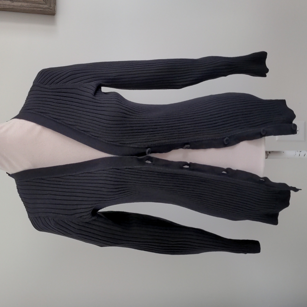 Lands' End V Neck Ribbed Cotton Cardigan Blue size Medium